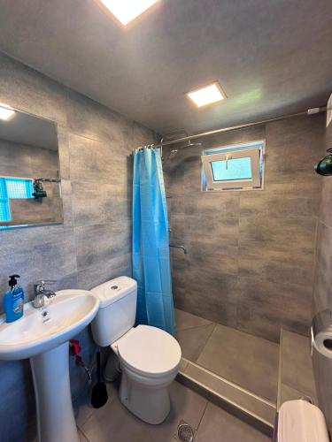 a bathroom with a toilet and a sink and a shower at KOTE.GE in Lagodekhi