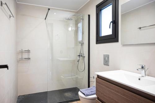 a bathroom with a shower and a sink and a toilet at Aifantis Villa 1 in Póndi
