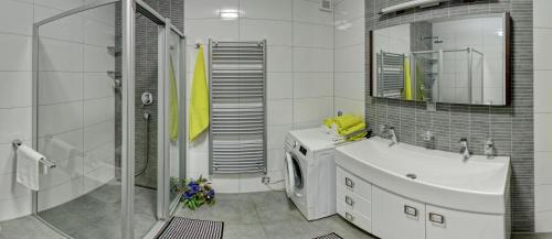 bagno bianco con lavatrice e lavandino di Apartmán Pasohlávky a Pasohlávky