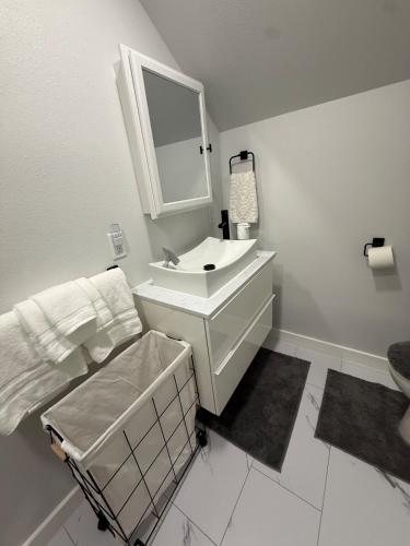 a white bathroom with a sink and a mirror at Gorgeous Home in Prime Location in Sauk City