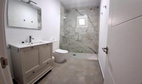 a bathroom with a shower and a toilet and a sink at La OSTRA 33 in Chiclana de la Frontera