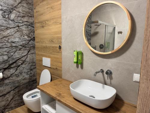 a bathroom with a sink and a mirror at Szum Rzeki - Noclegi nad Brdą - Bory Tucholskie in Nadolna Karczma