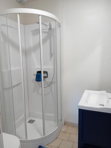 a shower stall in a bathroom next to a sink at oiseau bleu in Dieppe