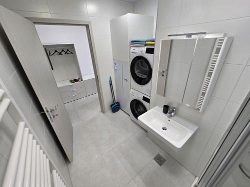 a bathroom with a sink and a washing machine at Apartma Tri Srca Radenci 3 sobe in Radenci