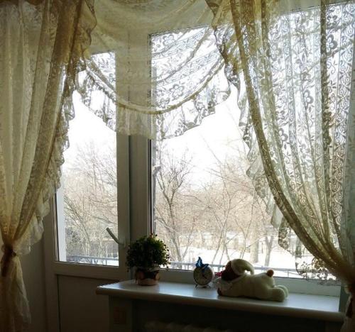 una ventana con cortinas y patos en el alféizar de la ventana en Eco-Apartment in Province Style en Myrhorod