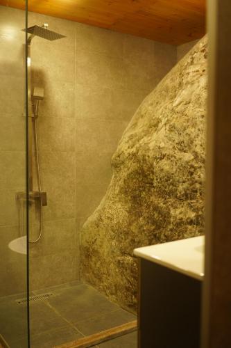 a bathroom with a shower and a stone wall at Mestia Panorama in Mestia