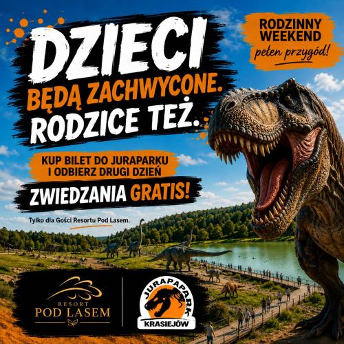 a flyer for a dinosaur park with a raptor at Resort Pod Lasem in Kolonowskie