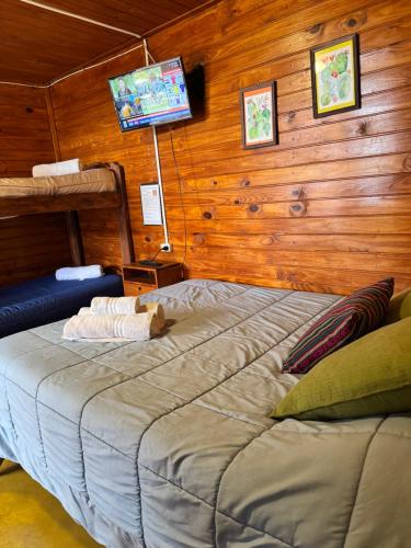 a bedroom with a bed in a room with wooden walls at Hostal del Suri in Cafayate