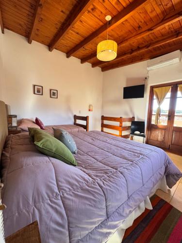 a bedroom with a large bed with a purple comforter at Amaru Apart in Cafayate