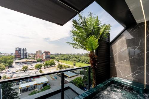 a palm tree in a room with a view of a city at Beni Deluxe 2 in Plovdiv