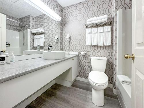 a bathroom with a white toilet and a sink at Coast Parksville Hotel in Parksville