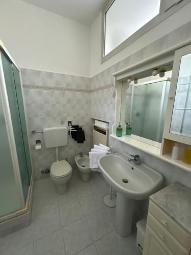 a bathroom with a sink and a toilet and a mirror at 120 mq trilocale e terrazzo in Moncalieri