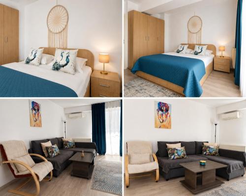 two pictures of a bedroom and a living room at Fly Airport Residences & Therme-SELF CHECK-IN in Otopeni