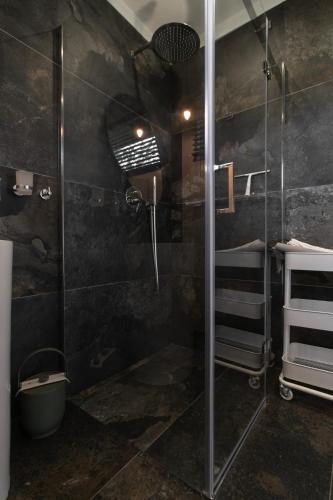 a bathroom with a shower with a glass door at Lobeliowe Domki in Chośnica