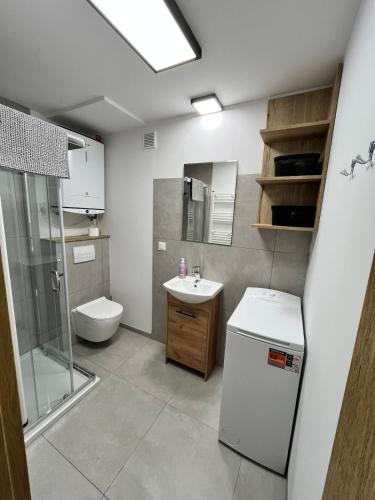a bathroom with a toilet and a sink and a shower at Apartament przy plaży in Zbąszyń