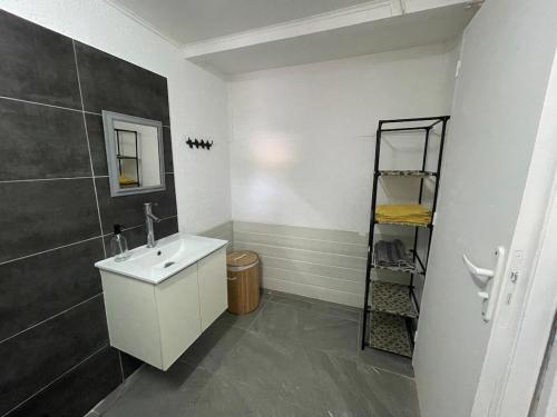 a bathroom with a sink and a shelf at Le Petit Pêcheur in Étang-Salé