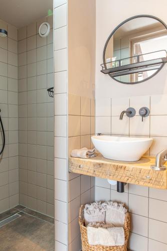 a bathroom with a sink and a mirror at De Zuileshoeve in Dordrecht