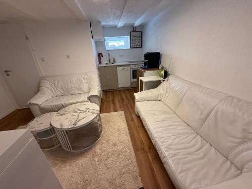 a living room with a white couch and a table at LaSa Apartment 2 in Villingen-Schwenningen