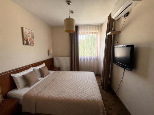 a hotel room with a bed and a tv at Nautica Residence in Balatonfüred