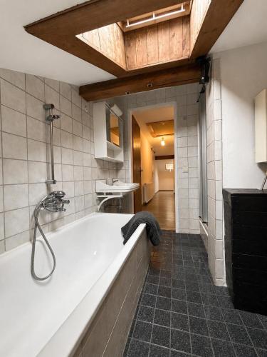 a bathroom with a bath tub in a room at Ferienwohnung Bergpanorama Waldweg in Altmünster