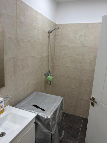a bathroom with a shower with a table and a sink at SL Apartment in Tirana