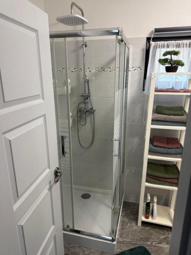a shower with a glass door in a bathroom at Sunset Villa Balatonfenyves in Balatonfenyves