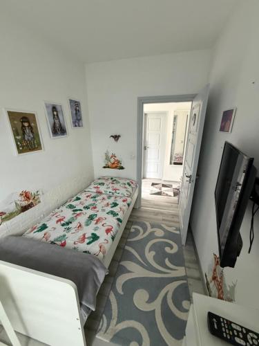 a small bedroom with a bed and a television at Sunset Villa Balatonfenyves in Balatonfenyves
