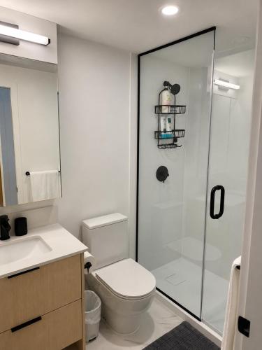 a bathroom with a toilet and a glass shower at Executive suite in Surrey