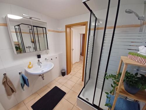 a bathroom with a sink and a shower at Moderne Ferienwohnung Am Goldberg in Neuleiningen