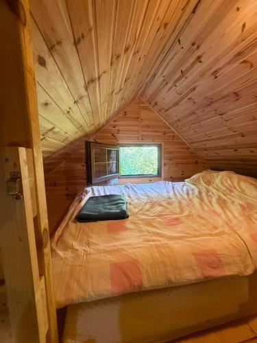 a bed in a wooden cabin with a window at Cottage with access to the lake in Tarnów Jezierny