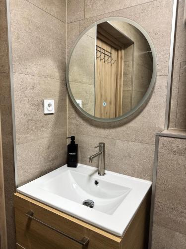a bathroom with a sink and a mirror at Le Cocon Bohème, appartement chaleureux in Sarrebourg