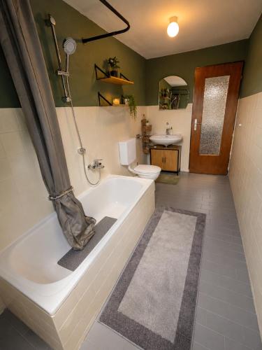 a bathroom with a bath tub and a toilet at Jagdhaus am Neubäuer See in Roding