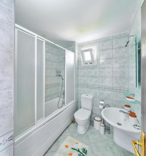 a bathroom with a toilet and a shower and a sink at Panaroma Meis Suits in Kaş