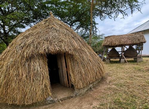a small hut with a straw roof in a field at Akamba Traditional Grass Hut in Emali