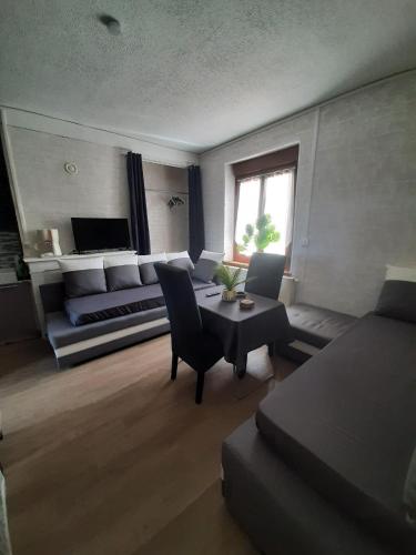 a living room with a couch and a table at Le studio à la campagne in Saint-Gobert
