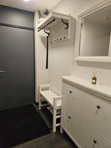 a bathroom with a sink and a cabinet and a mirror at Comfort View Apartment in Liepāja