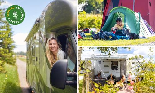 a collage of photos of people in a campervan at Slaaptrailer Amsterdam Gardens prijs vanaf 2 nachten in Amsterdam