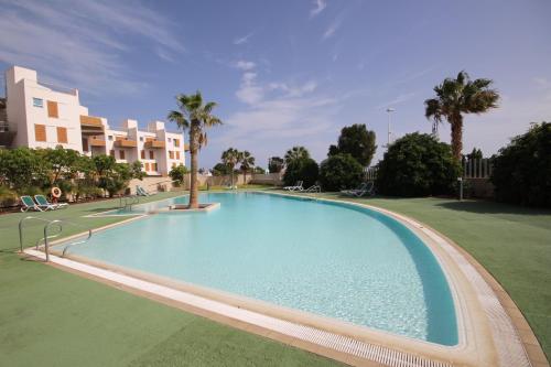 - une grande piscine dans une cour bordée de palmiers dans l'établissement Apartment El Medano Sunrises, à El Médano