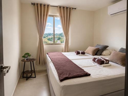 a bedroom with a large bed and a window at Apto de Paula in San Salvador