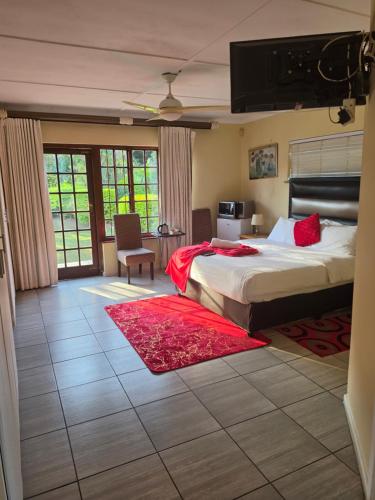 a bedroom with a large bed and a red rug at Southernstar 10 st Davids road in Arcadia