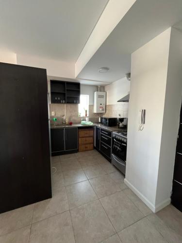 a kitchen with black cabinets and a white refrigerator at MyN 2 in La Plata
