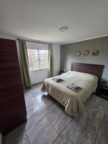 a bedroom with a bed and a large window at arrayanes in Junín