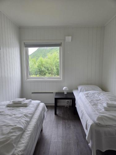 zwei Betten in einem Zimmer mit Fenster in der Unterkunft Bergsbu in Senja