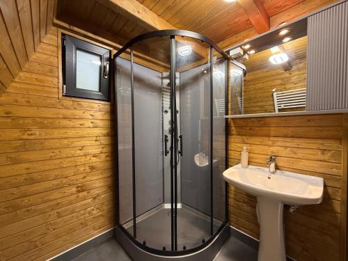 a bathroom with a glass shower and a sink at A-Frame The Wolf Transfăgărășan in Căpăţîneni-Ungureni
