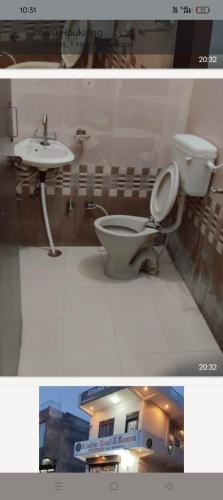 two pictures of a bathroom with a toilet and a sink at Krishna hotel and restro in Jaipur