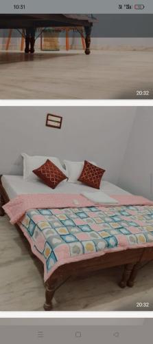 two pictures of a bed with a quilt on it at Krishna hotel and restro in Jaipur