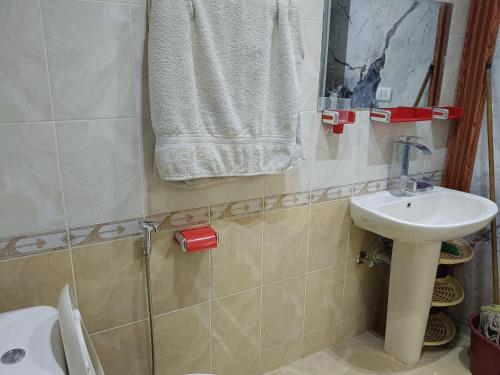 a bathroom with a sink and a toilet and a mirror at 731 الكارما in El Gouna