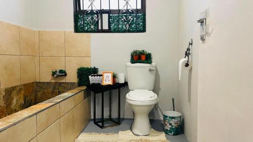 a bathroom with a toilet and a tub with plants at 52Golfcourseview guest house in Pimville