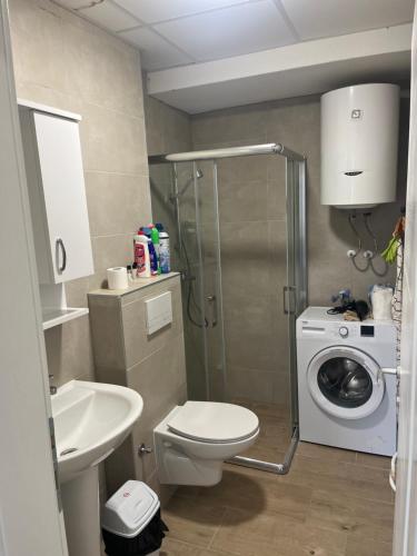a bathroom with a toilet sink and a washing machine at Lychnidos Residence 2 in Ohrid