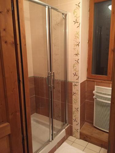 une douche avec une porte vitrée dans une salle de bain dans l'établissement Ski Lodge, à Brides-les-Bains